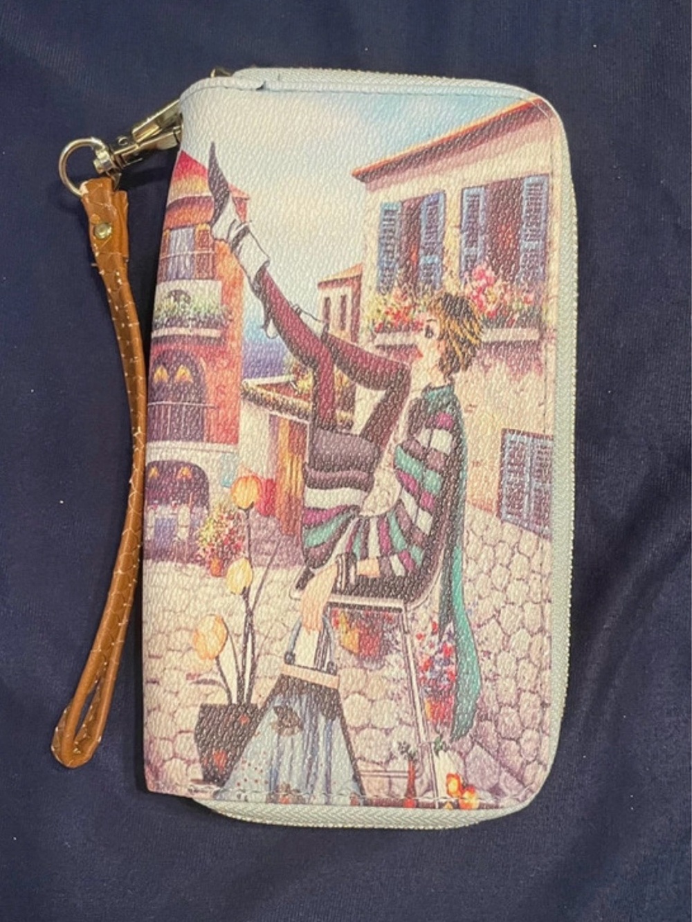 Artistic European Street Scene Dual-Zip Wristlet Wallet